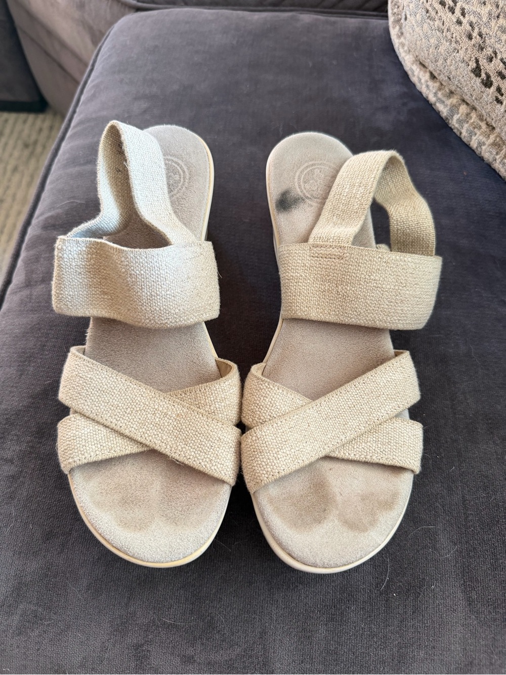 CHARLESTON SHOE CO. Neutral Tan Elastic Cross-Strap Wedge Sandals